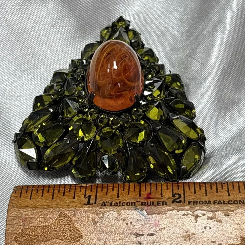 RARE SCHREINER NEW YORK Orange Cabochon Green Rhinestone Vintage Brooch 2.5”